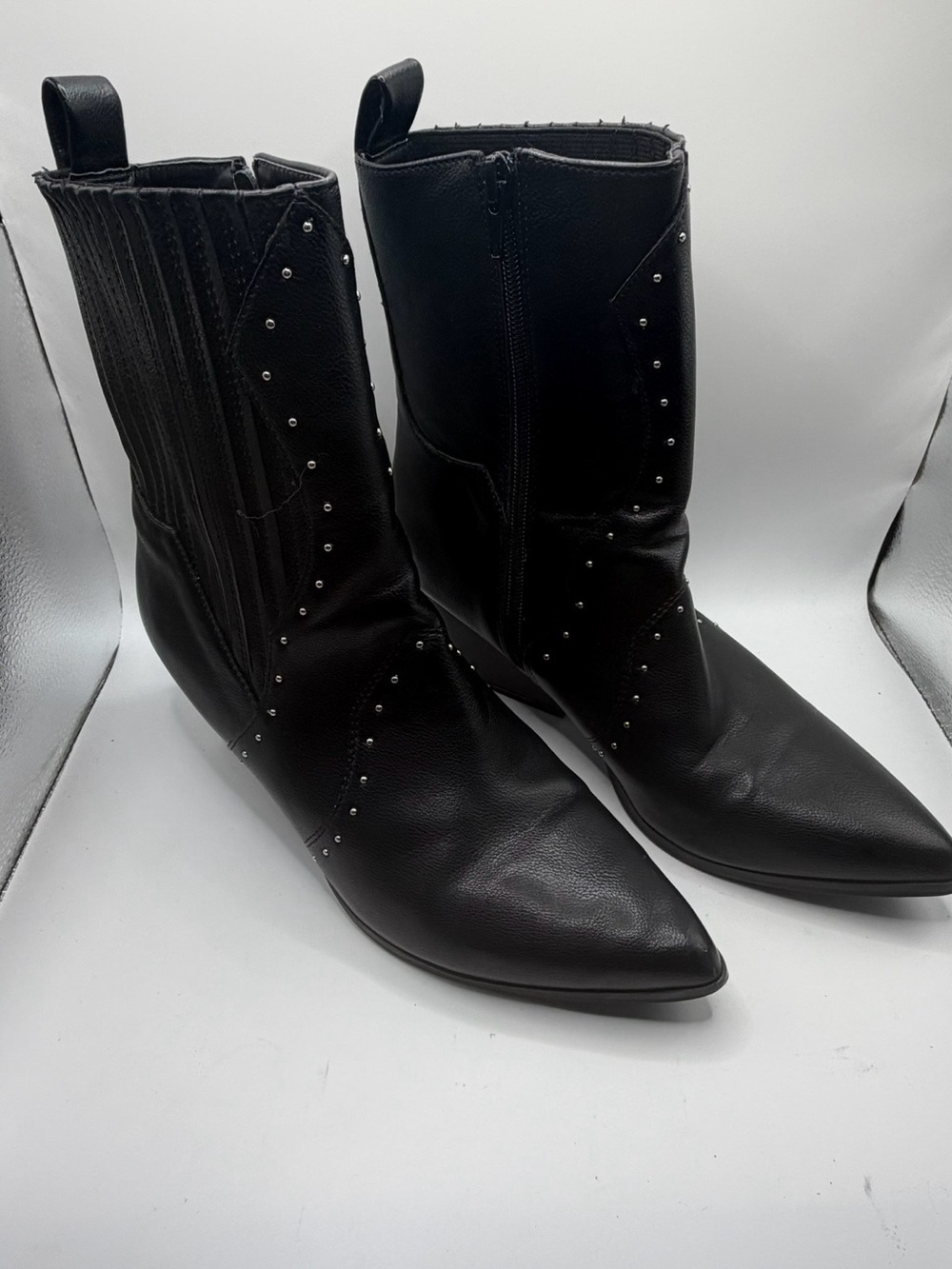 Black Studded Pointed-Toe Lace-Up Boots for Women